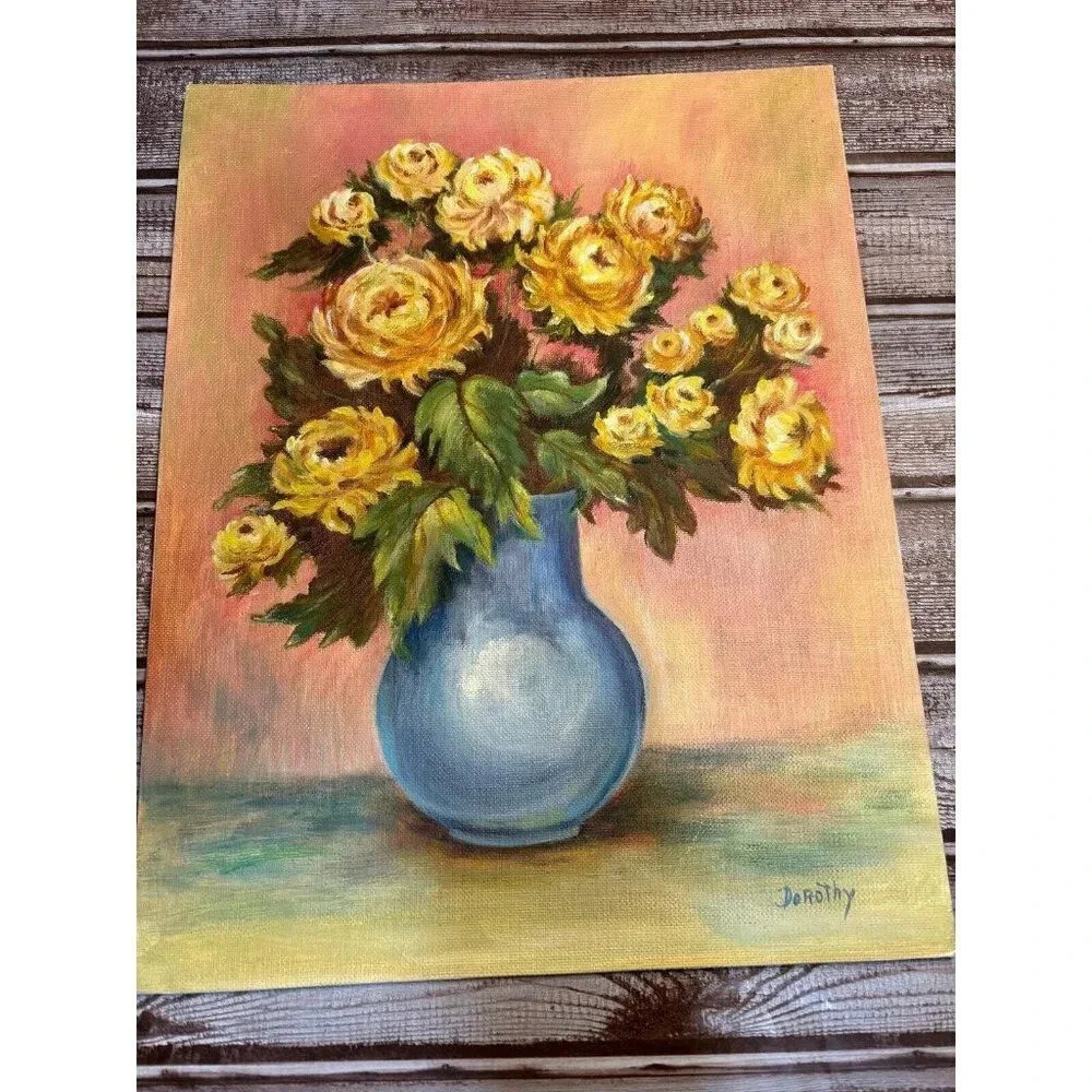 Vintage Dorothy Signed Yellow Roses Oil Painting Blue Vase‎ Still Life 11x14